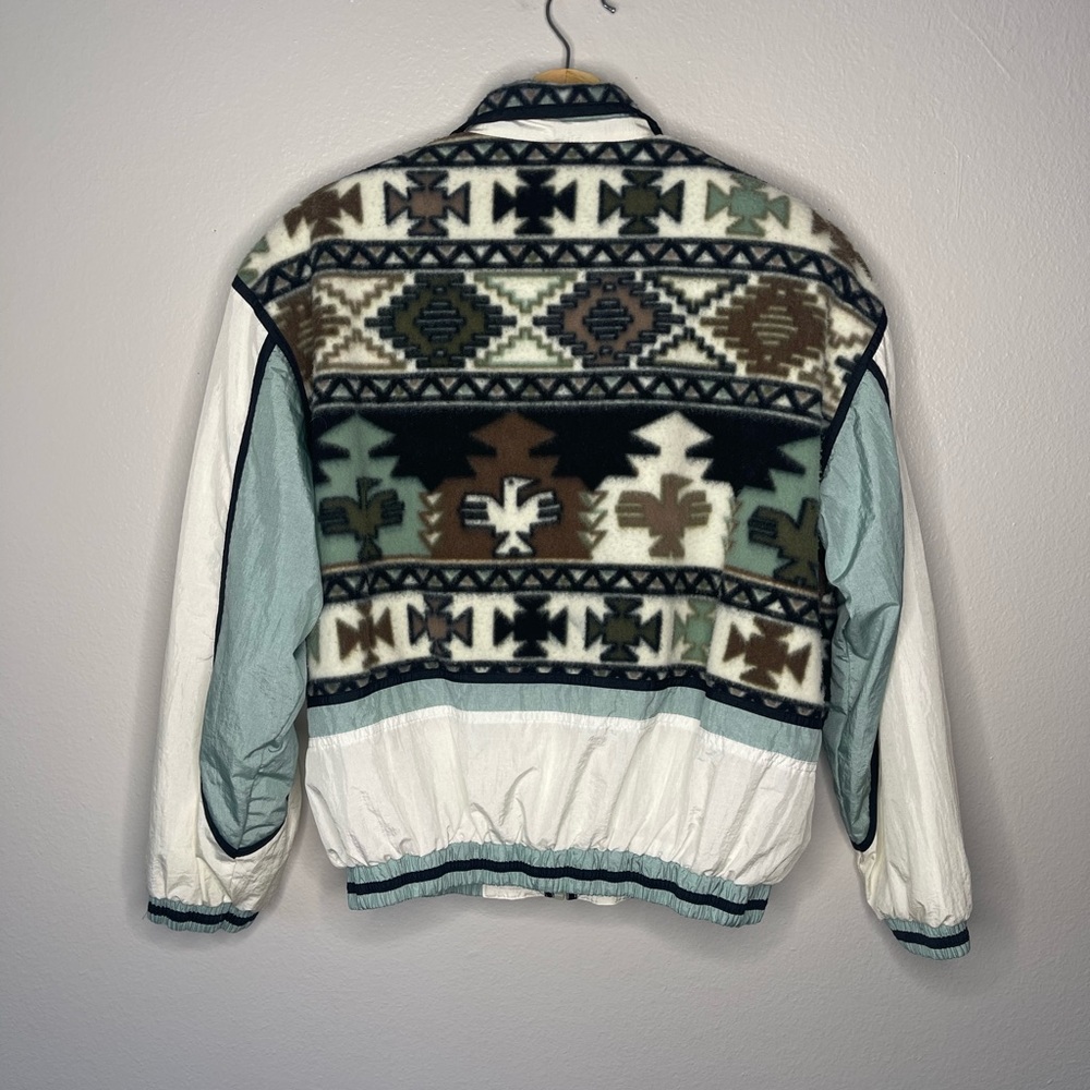Vintage East West Aztec Teal Brown White Fleece Nylon Windbreaker Size Medium - Picture 8 of 8